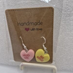 Handmade Pink & Yellow Heart Charm Earrings - HUG ME / BE MINE